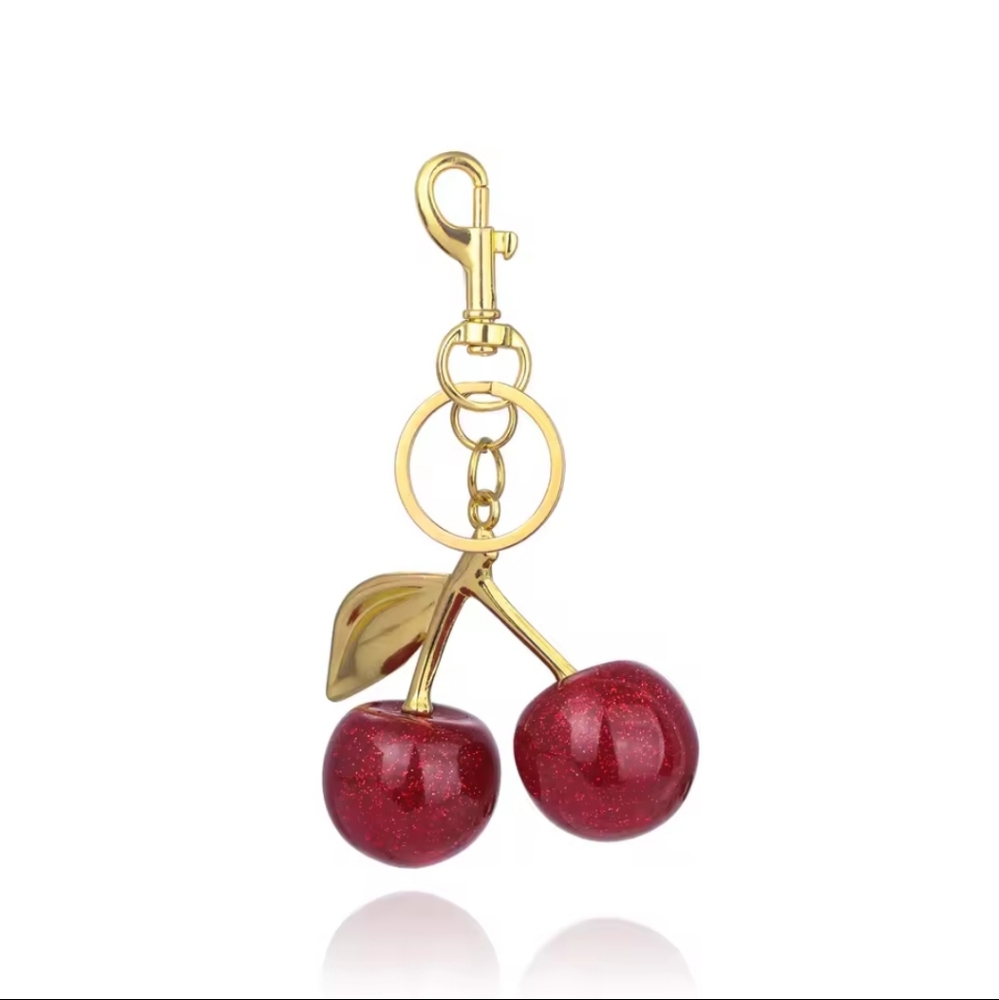 Cherry Bag Charm/ Keychain with Gold Accents